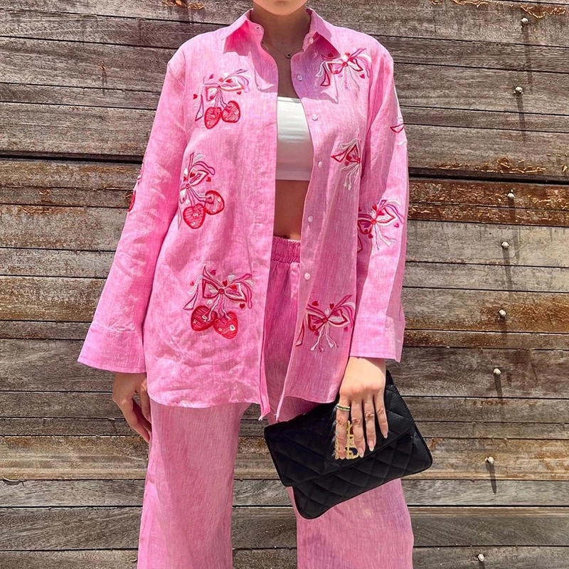 

Flower Embroidery Long Sleeved Shirt Suit Spring Summer Single Breasted Loose Women's 2pc Sets Casual Street Long Pants Outfits