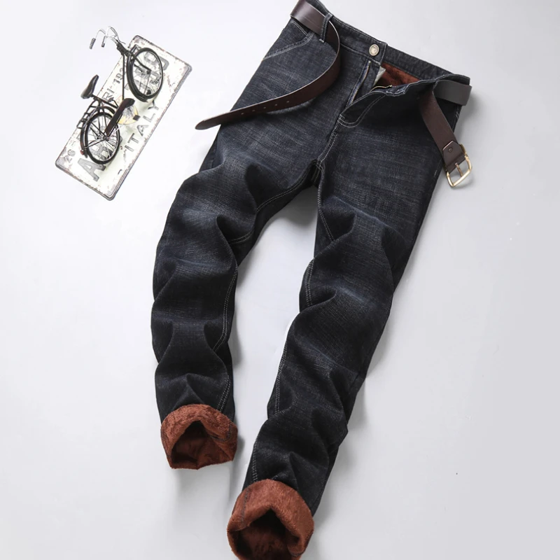 Witner Slim Fit Stretch Thick Velvet Pants Warm Jeans Casual Grey  Fleece  Winter Jeans Men Black Elasticity Grey Jean
