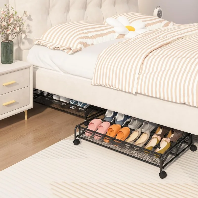 Schoenenopbergruimte onder het bed met wielen, 2-pack rollende opbergcontainers onder het bed voor schoenen Metalen schoenenrek organisator slaapkamer