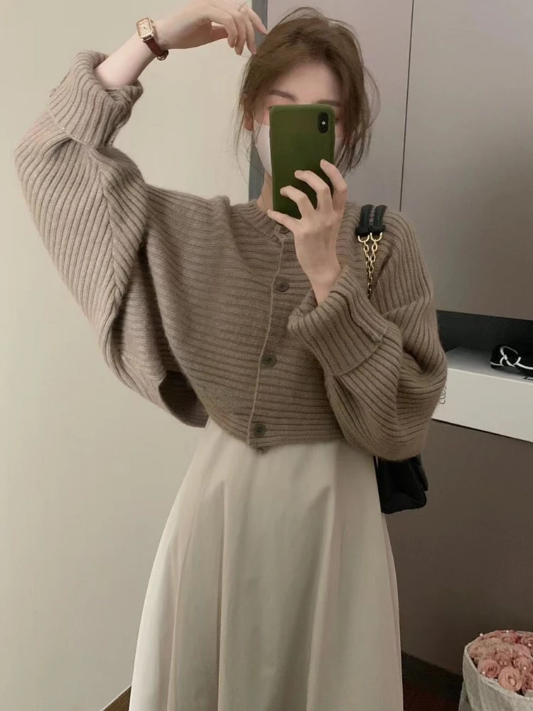 Elegant Knitting 2 Piece Dress Set Women Long Sleeve Loose Cardigan+Casual Strap Dress 2023 Winter Party Korean Style Suit Slim