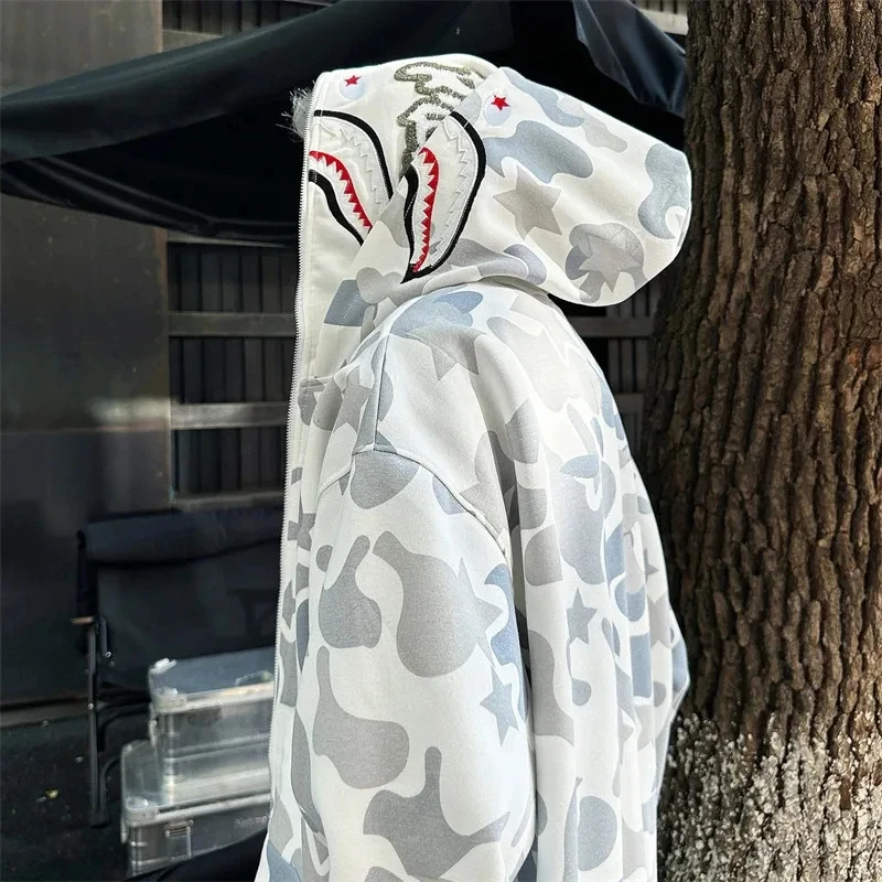 

★Halloween Cosplay Costume American High Street Double Hat Camouflage 100% pure cotton Shark Zipper Hoodie 2026 New ♥Look Me ←_←