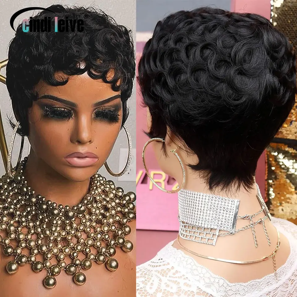 Curly Pixie Cut Short Wigs For Black Women Natural Black Glueless Wig Peruvian Remy Human Hair Bob Full Machine Made Wigs 150%