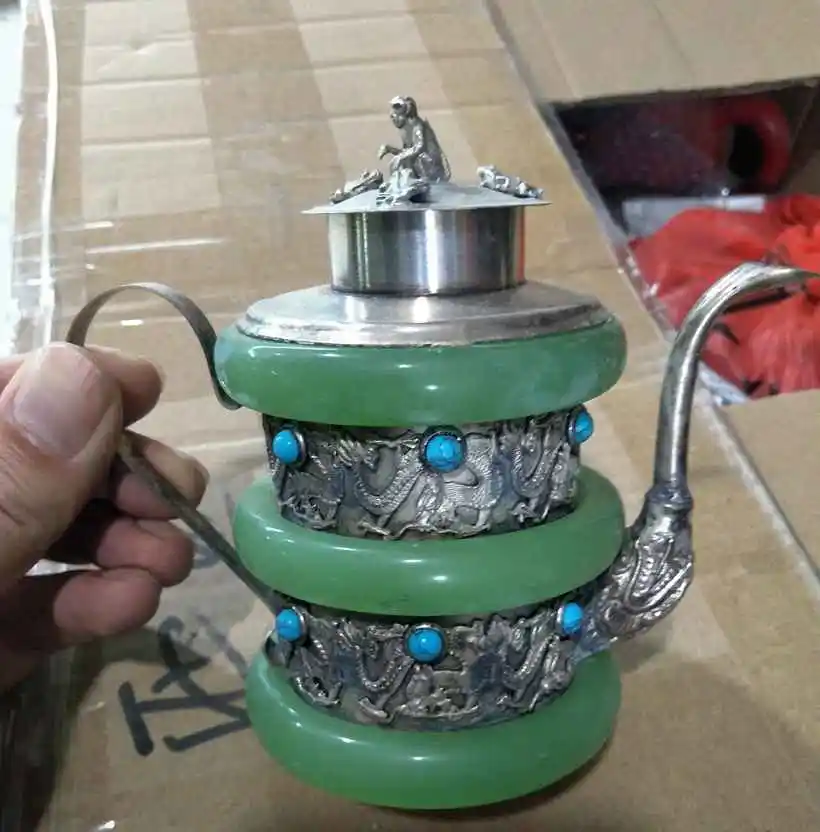 

Chinese exquisite Tibetan silver inlaid jade turquoise dragon teapot