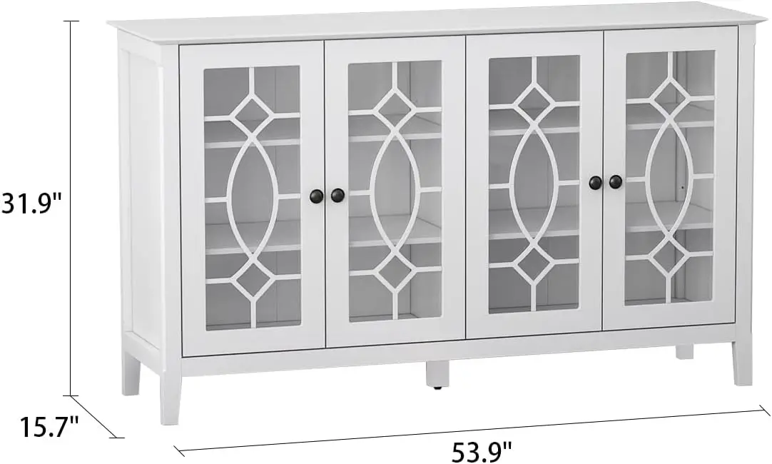 Kitchen Storage Cabinet Sideboard, Buffet Server Table w/Height-Adjustable Shelf & 4 Glass Doors