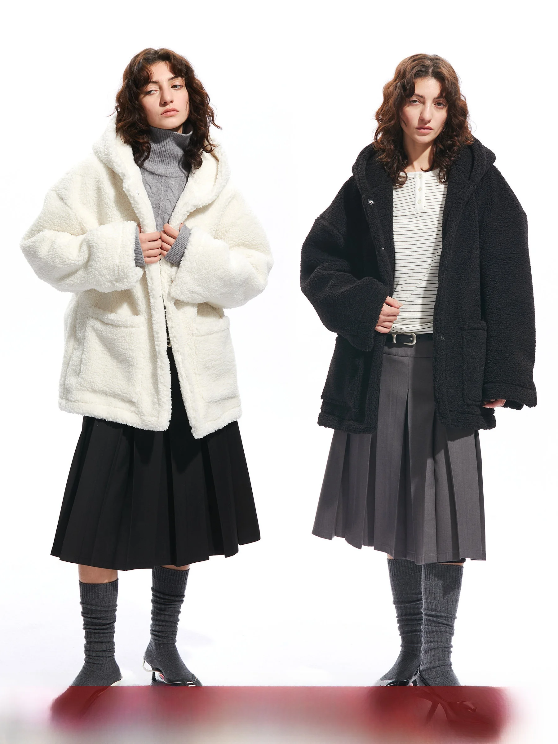 

Retro Oversized Hooded Mid-Length Warm Lamb Fur Integrated Jacket Coat Polyester Long Sleeve Commute Style Pure Color Design
