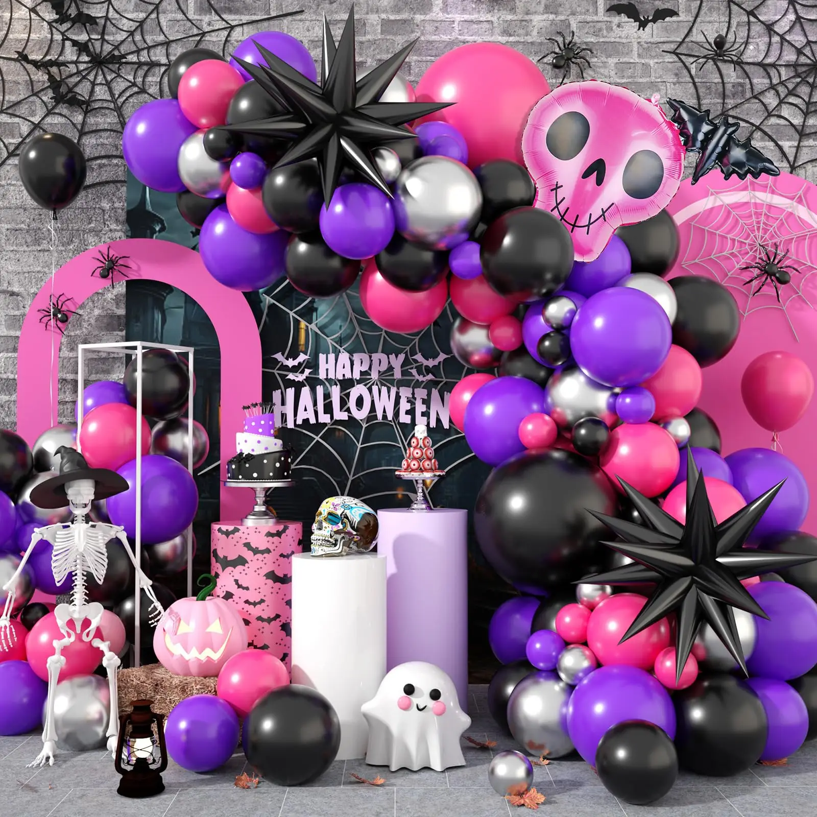 Black Hot Pink Halloween Balloon Arch Garland Kit Skeleton Starburst Balloons for Birthday Halloween Theme Party Decoration