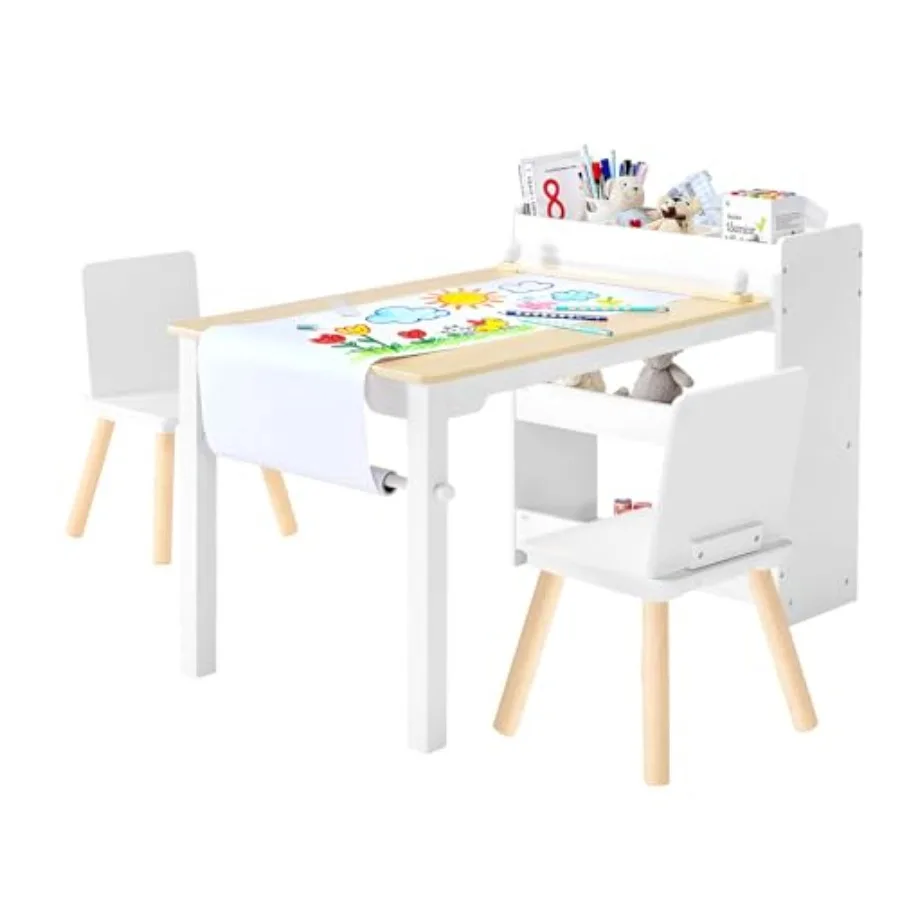 

Art Table and Chair Set Wooden Craft Table with 3 Tiers Storage Cabinet White for Reading Learning Drawing Writing Activity Pla