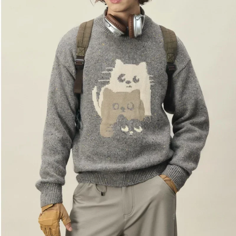 2025 Primavera Inverno Spessore Cartoon Maglione Grigio Harajuku Anime Simpatici Gatti Broccato Maglione Maglione Allentato Casual Kawaii Y2k Vestiti