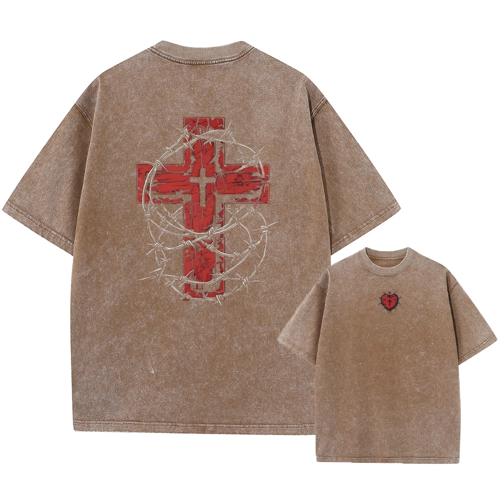 Men's Thorn Cross Print Washed T-Shirt Comfortable Pure Cotton Crew Neck Short Sleeve Street Hip Hop Fashion Base Shirt