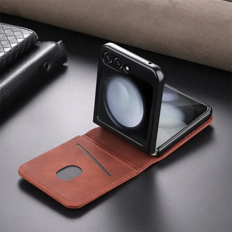 Phone Case For Samsung Galaxy Z Flip 6 5 4 3 Flip6 Flip5 Flip4 Flip3 Card Slot Holder Kickstand Wallet Shockproof Leather Cover