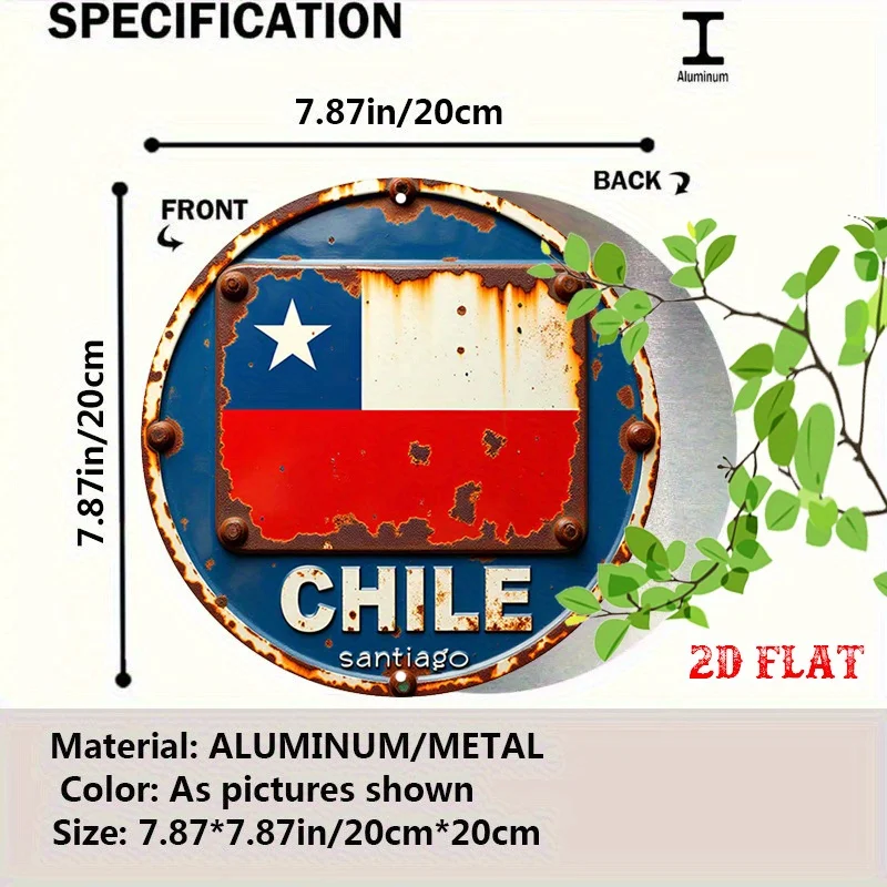 2D Flat, 1pc Chile Flag Metal Sign - Retro Round Chilean National Flag Wall Art with Santiago City Landmark, Aluminum Door/Wall