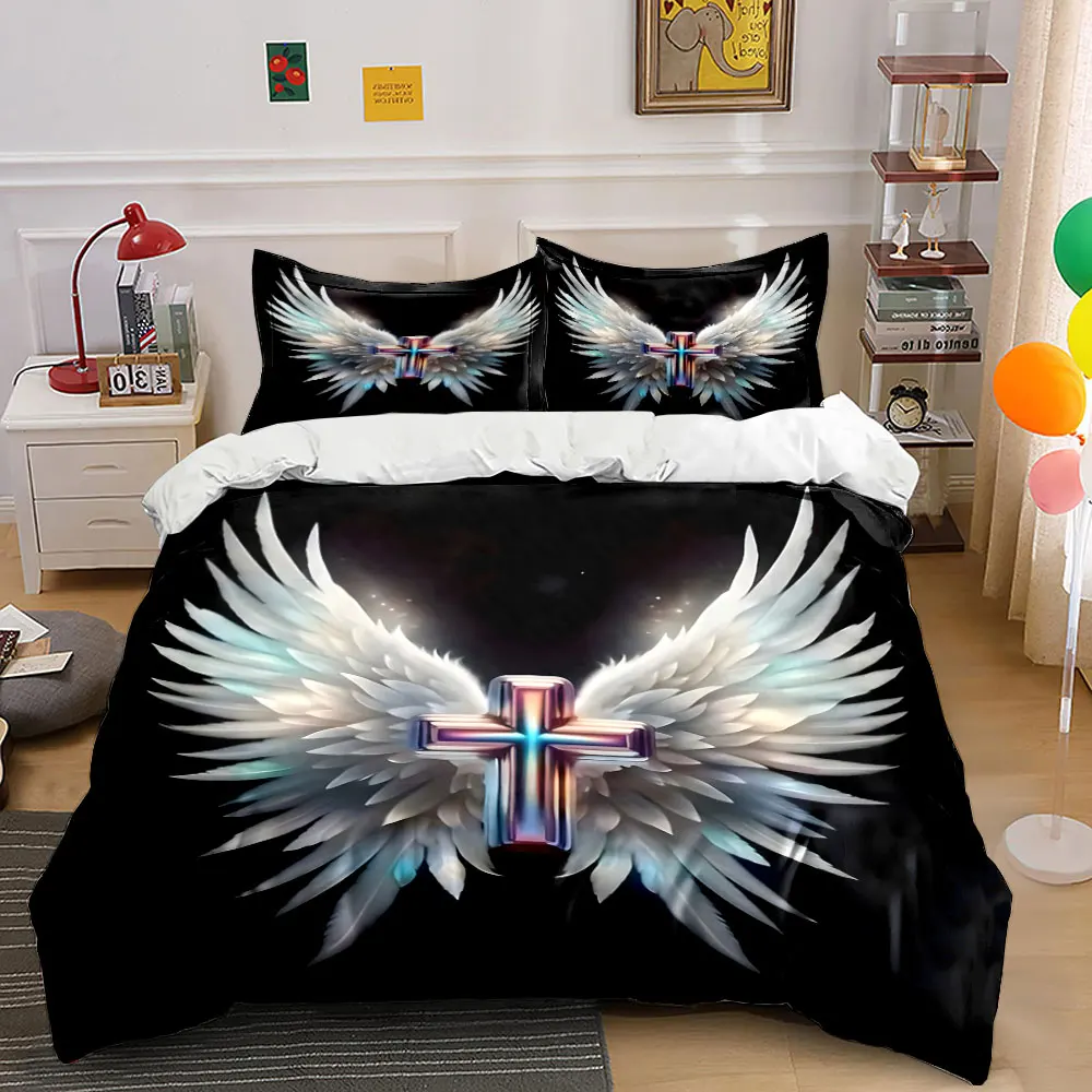 Cross with Angelic Wings Print Bedding Set 1 Duvet Cover 2 Pillowcases for Adult and Children Luxury Gift Full Size