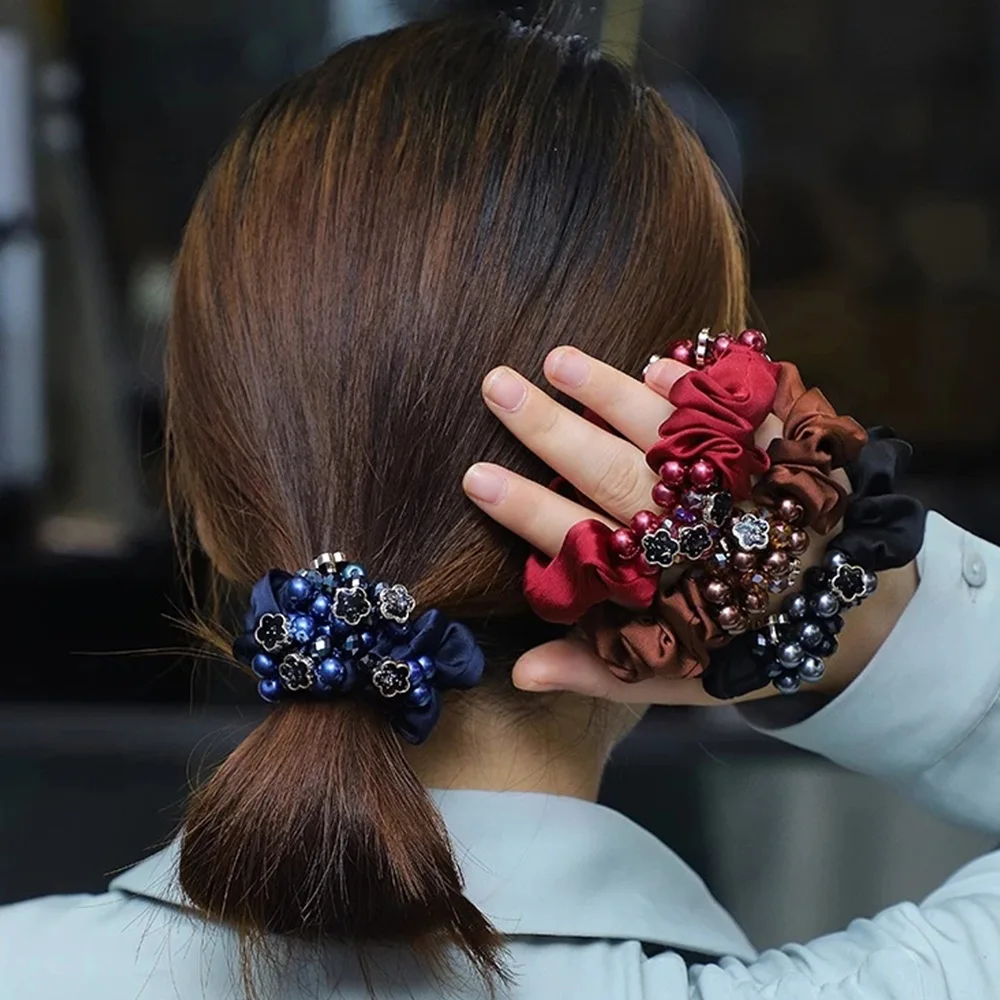 Hand Woven Elegant Ladies Pearl Flower Hair Tie Women Crystal Fabric Hair Rope Adult Ponytail Holder Hair Accessories