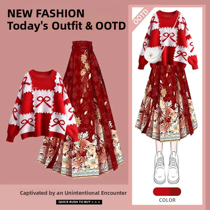 

New Year Red Sweater f Skirt Set Women's Autumn Winter New Sle Traditional Hanfu Tailed Skirt Faionable Ensemble