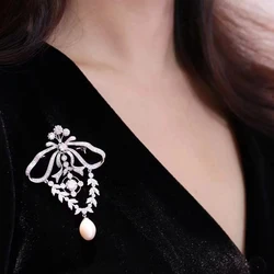 Natural Fresh Water Pearl Brooch for Women Fine Jewelry 925 Sterling Silver with Zircon for Suit Hat Matching Free Shipping