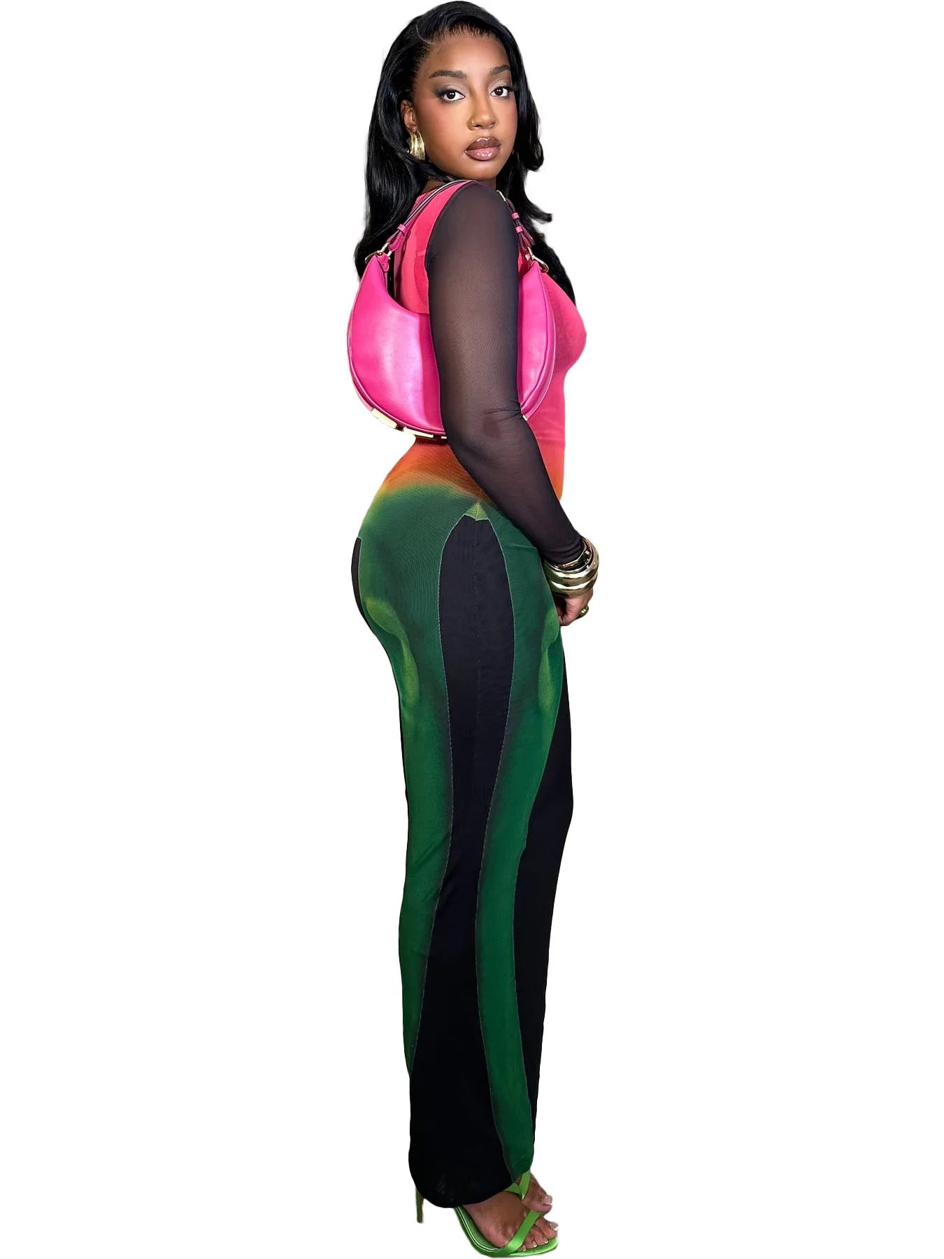 Sukienki damskie Y6054 z siateczki z efektem tie-dye, lekkie i cienkie, prześwitujące, długie, modne, dopasowane, elastyczne, eleganckie sukienki na imprezę.