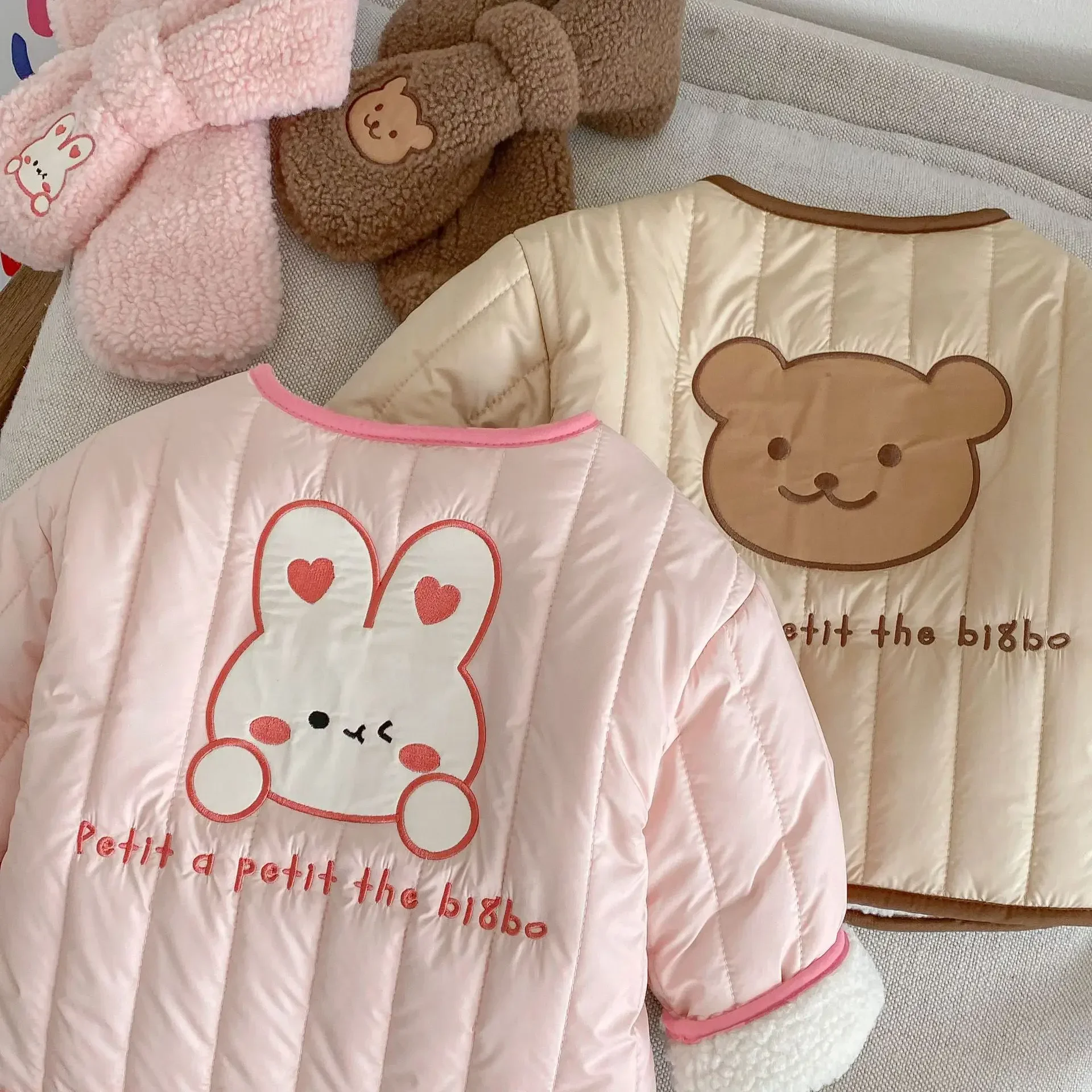 2024 Winter New in Kids Baby Girls Thicken Plush Warn Cartoon Embroidery Top Outfits , Toddler Children Cotton-padded Jacket