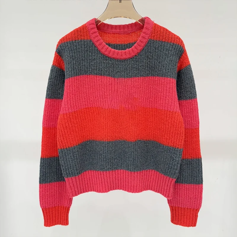 

Высококачественный полосатый женский пуловер с вышивкой и круглым вырезом, модный дизайн 251004100