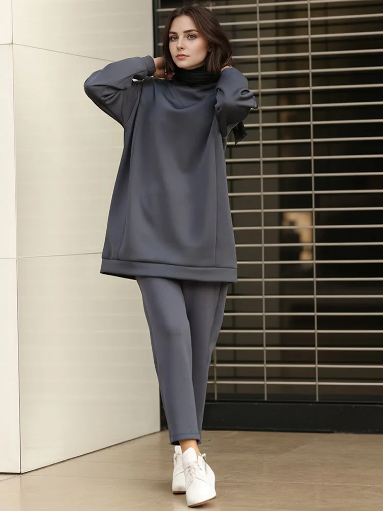 Two-Piece Sets Dark Gray Turkey Women Muslim Autumn Winter New Simple Solid Abaya Clothing 2023 Female Daily Outing Clothes