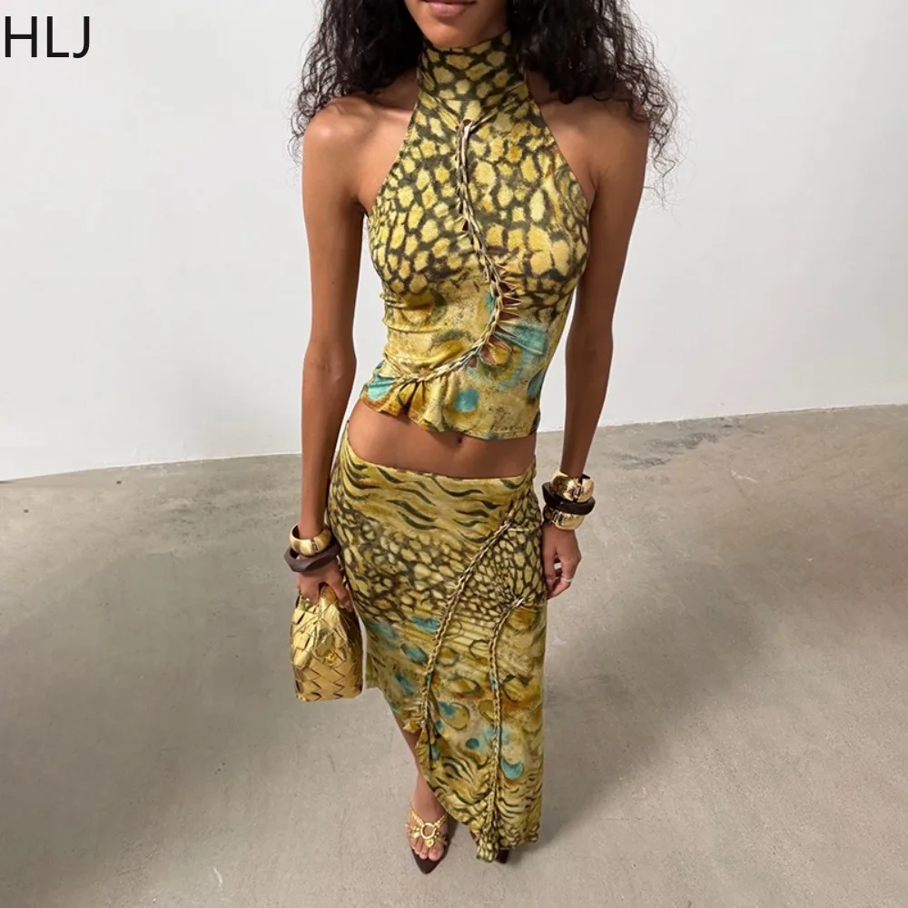 HLJ Sexy Printed 2 Piece Outfit Women Halter Backless Crop Top and Low Waist Irregular Midi Skirt Matching Suit Party Clubwear