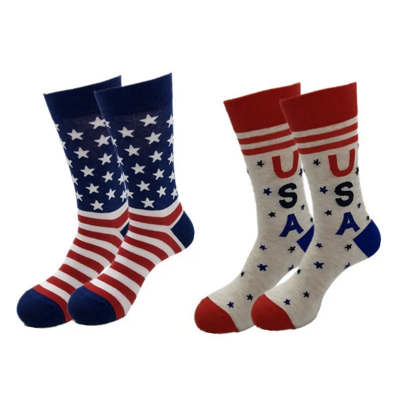2 Pairs of Fashionable and Versatile National Flag Style Men's High Socks Korean Version College Style Star Striped Couple Socks