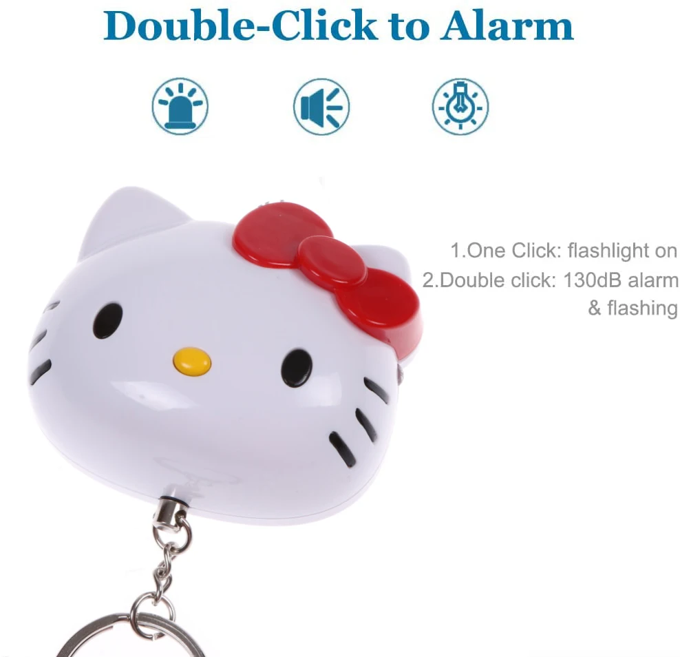 Kawaii Sanrio KT cat anime cartoon Personal Alarm Woman Self Defense Keychain with LED Flashlight Stylish & Loud (130Db) gifts