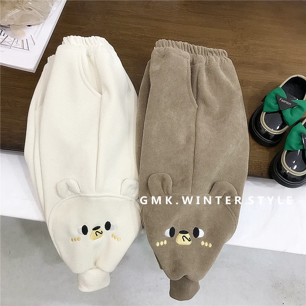 Girls Trousers Cartoon Corduroy Cotton Pants Winter Suit Small Children Integrated Cashmere Casual Pants Baby Girls Bottoms