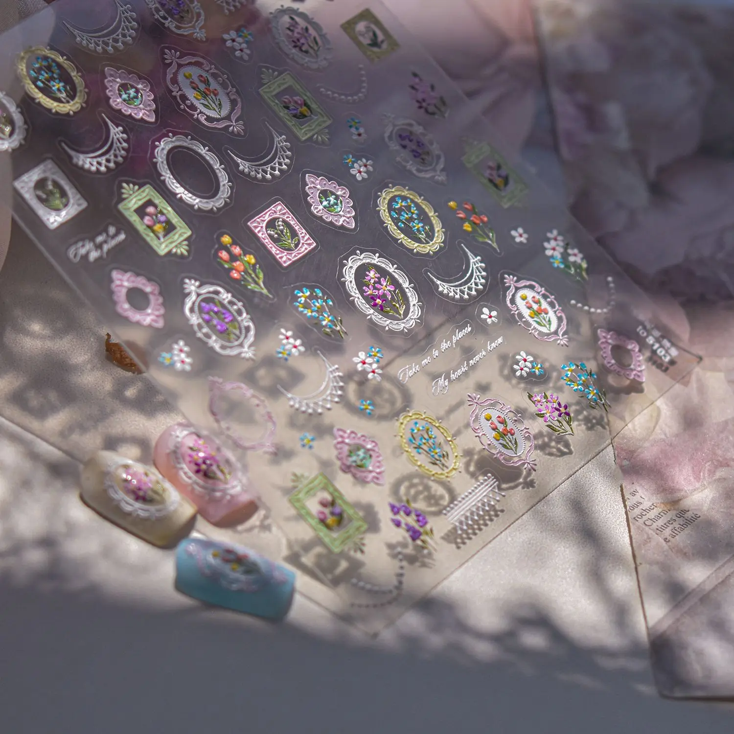 5D alivio cómodo hermoso borde de encaje francés marco de pintura Floral adhesivo pegatinas para decoración de uñas calcomanías dijes para manicura