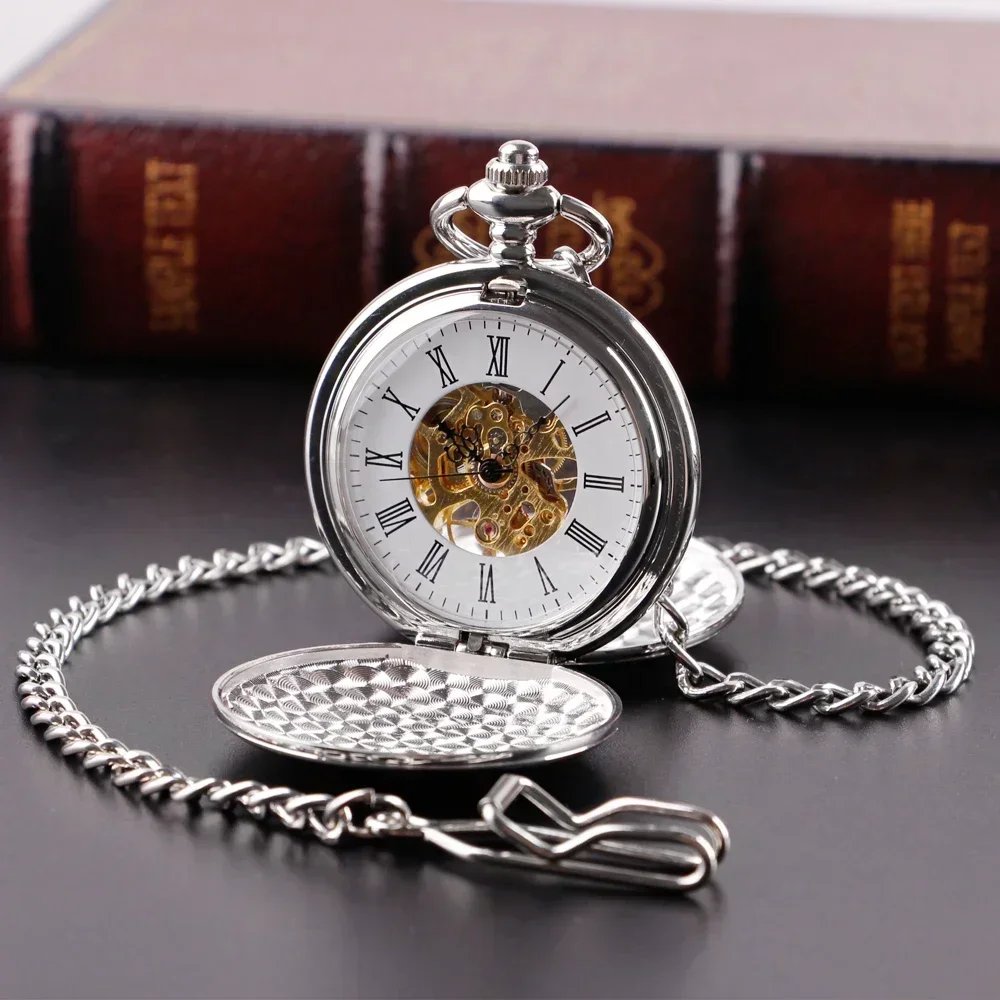 

Steampunk Pocket Watch Clock Women Mechanical Hand Wind Smooth Silver Pendant White Dial Simple Stylish FOB