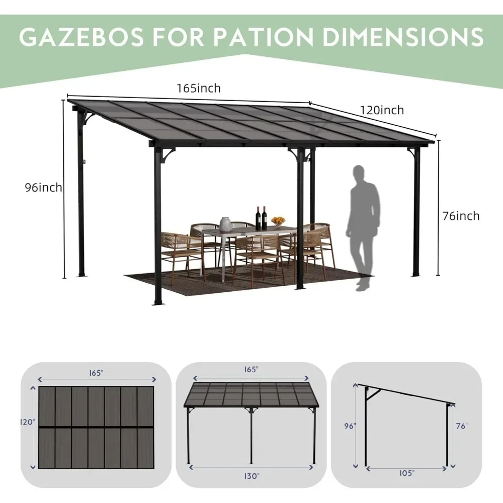 14' X 10' Wall Mounted Lean To Gazebo Pergola, Outdoor Hardtop Pergola with Roof, Large Heavy Duty Metal Awnings, Pergolas