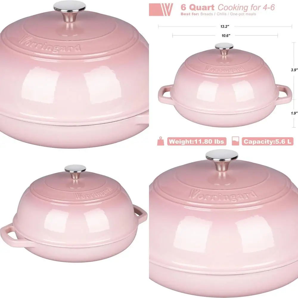 

6 Quart Pink Enamel Cast Iron Dutch Oven Pot with Lid, Perfect for Sourdough Bread Baking and Proofing