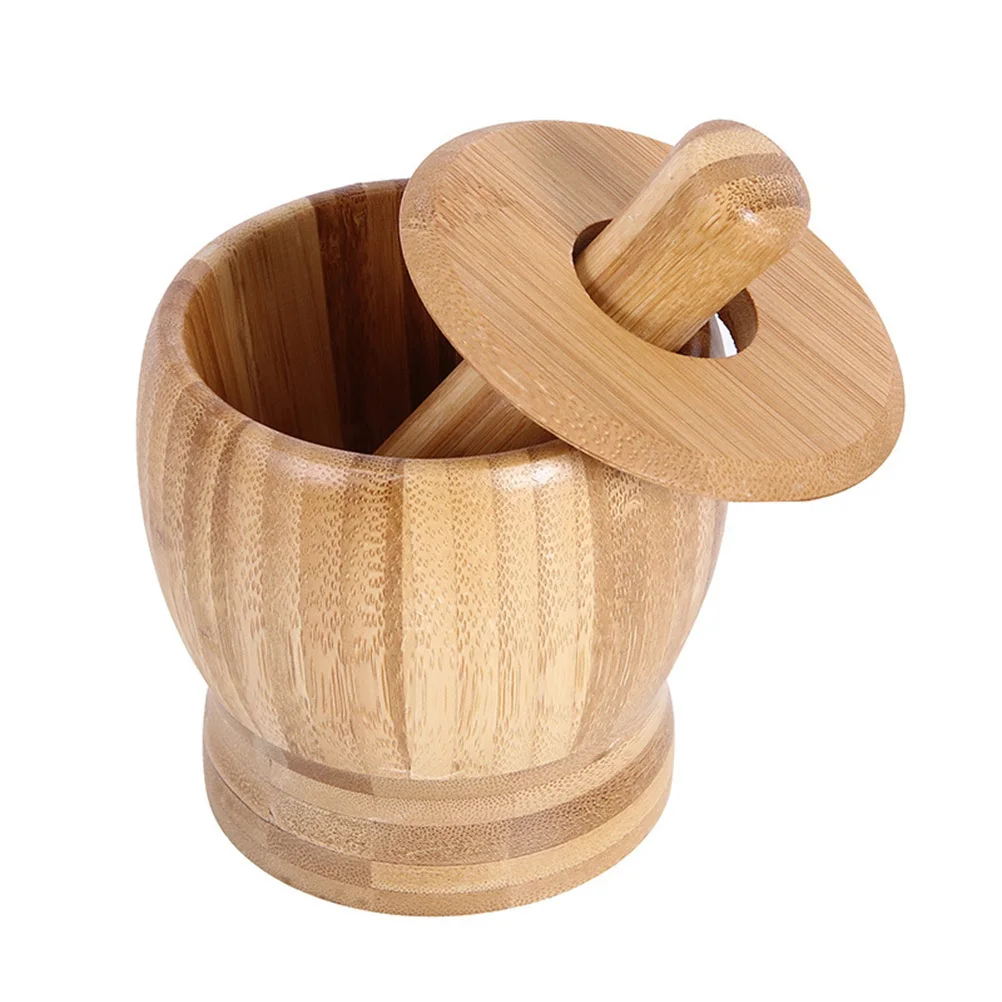 

Mortar and Pestle Set with Lid Bamboo Garlic Press Pot Small Size Log Color Ergonomic Design Kitchen Accessories for Home