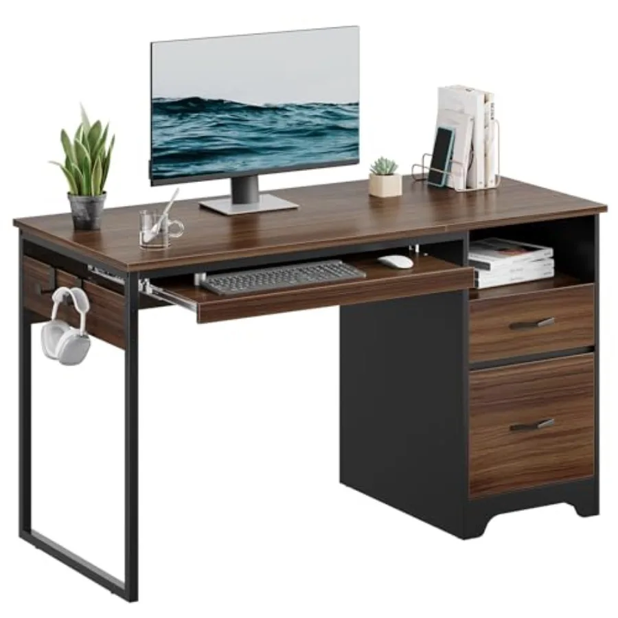 Home office computer desk with drawers, industrial wood writing desk in brown, featuring file drawer, keyboard tray 2 hooks for