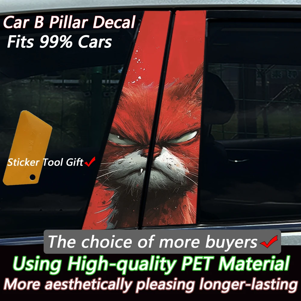 2PCS Cool Fierce Cat Car Window Pillar Sticker Split B-pillar Decal Waterproof PVC Red Theme Auto Styling Vehicle Decoration
