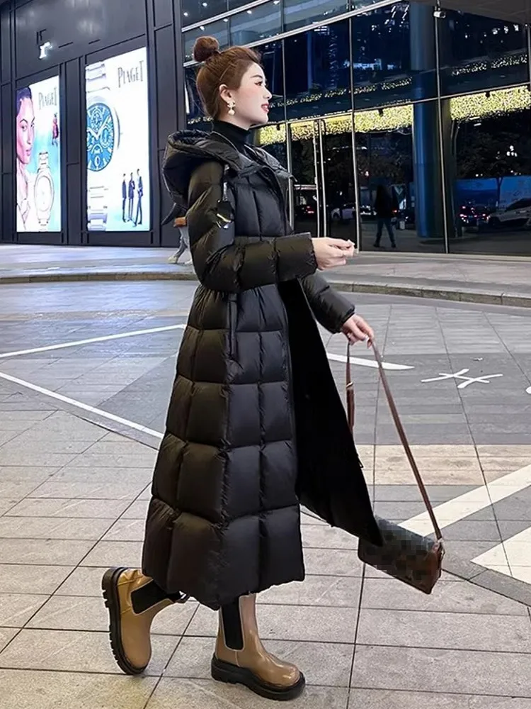 Chaqueta larga de invierno con plumón de pato blanco para mujer, cortavientos con capucha, abrigo ajustado con cintura gruesa y cálida para oficina, prendas de vestir para el trabajo