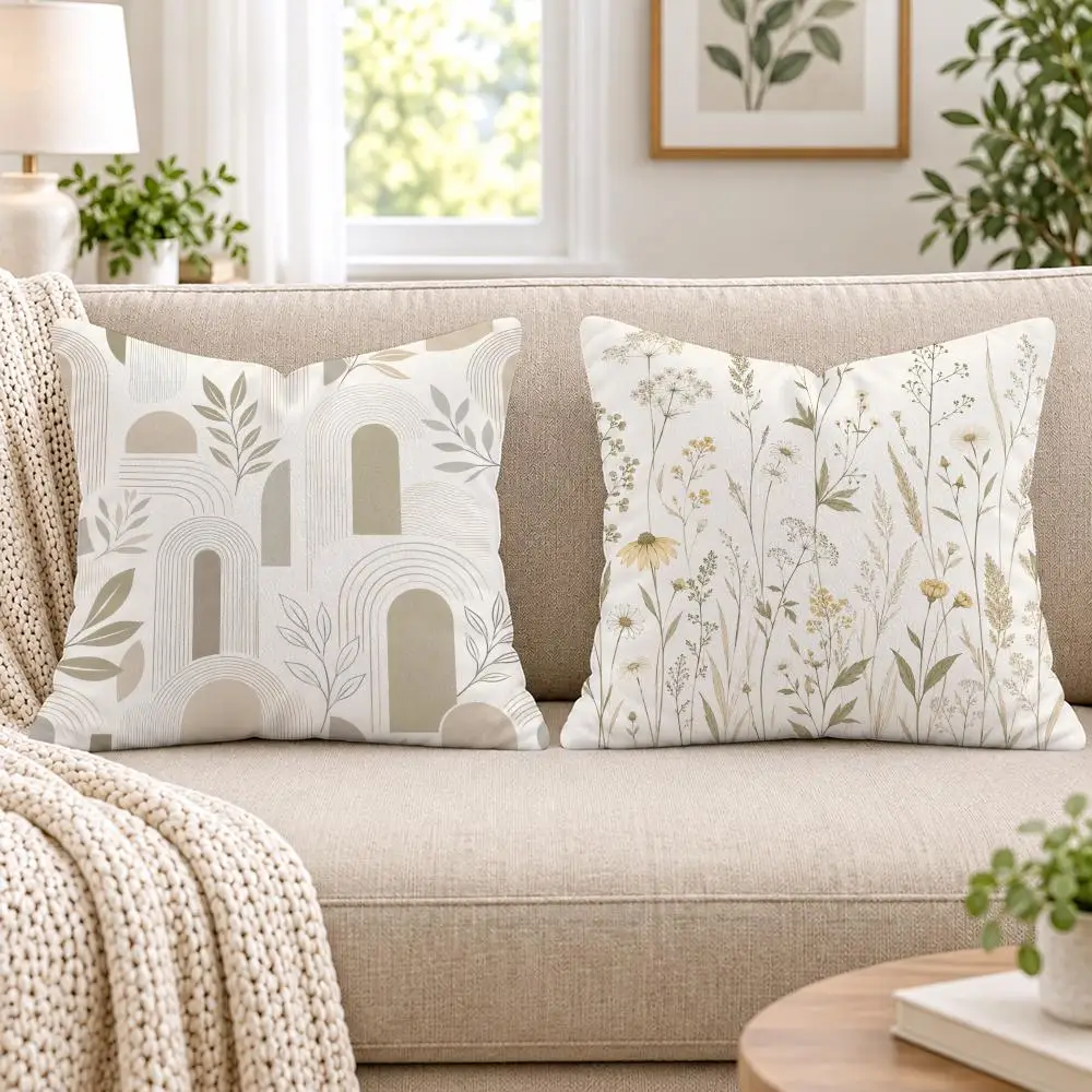 Warm Earth Tone Mixed Botanicals Cushion Cover Soft Short Plush Pillow Cases Hidden Zipper Cutecore Sofa Bedroom Home Decor Gift