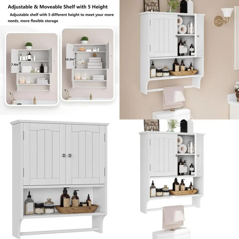 

Bathroom Cabinet, White Bathroom Wall Cabinet with 2 Doors and Adjustable Shelf, Wall Mount, Towel Rack, Over The Toilet Storage