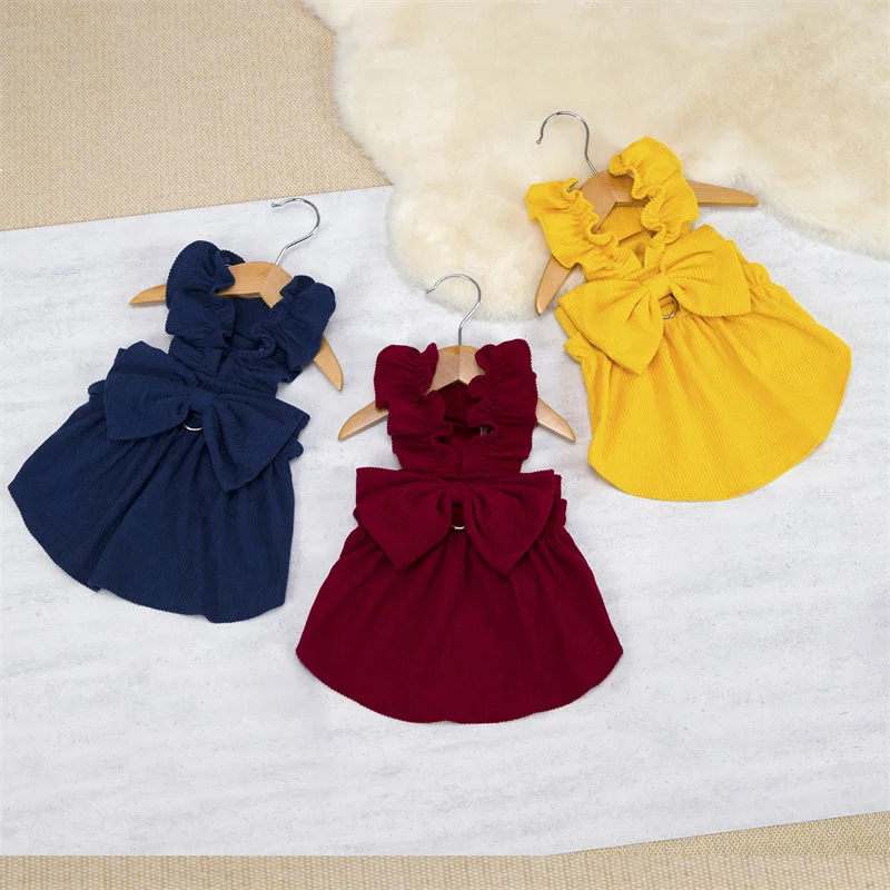 

Corduroy Pet Dress For Girls Bowknot Dog Clothes Sling Costumes Princess Summer Apparels Pet Hoodie Dresses Puppy Skirt Clothing