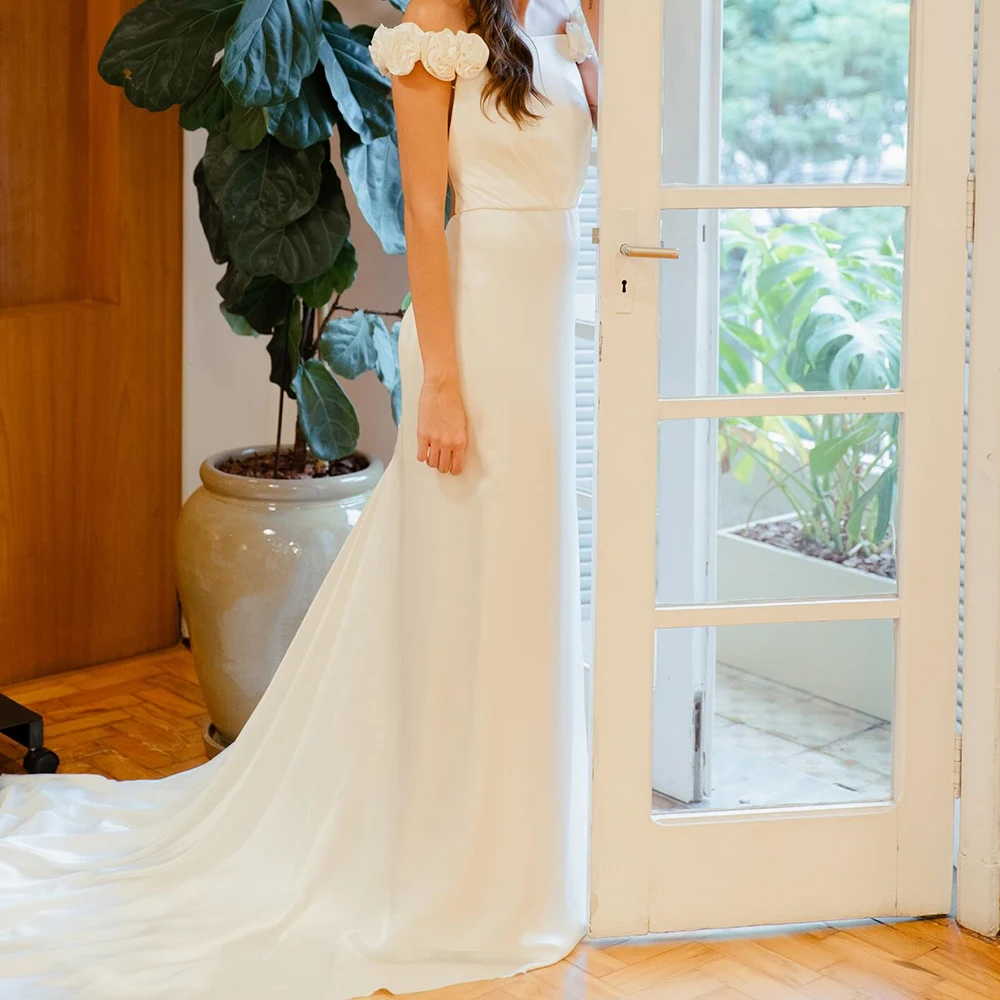 

Customized Classic Mermaid Strapless Off the Shoulder Flowers Buttons Evening Dress Graceful Satin Short Sleeves Robe de mariée