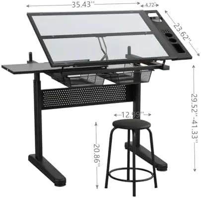 Adjustable Drafting Table with Hand-Crank Lift, 0-75° Tilting Tempered Glass Art Desk with Metal Drawers & Slide-Out