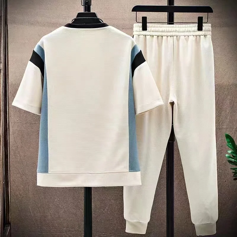 024 Summer New Men\'s Youth Set Short Sleeve+Long Pants Two piece Breathable Casual Fashion Ice Cool Waffle Sportswear Set