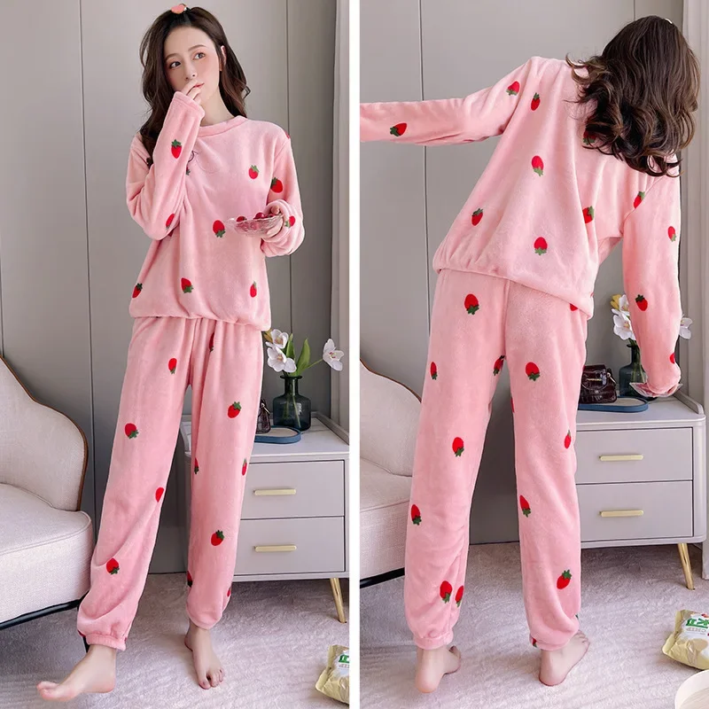 2024 New Autumn and Winter Thick Velvet Pajamas Coral Velvet Pajamas Cartoon Warm Home Clothes Strawberry Cherry Print