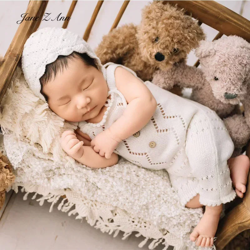 Newborn baby photo props white knitted diamond long tail bonnet +pants boys girls infant outfits