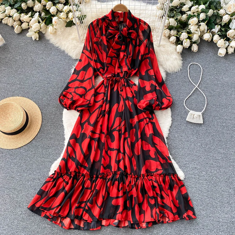 

Bow Bohemian Style Women Dress Summer 2022 Retro Temperament Fashion Vacation Elastic Waist Ladies A Line Long Dresses