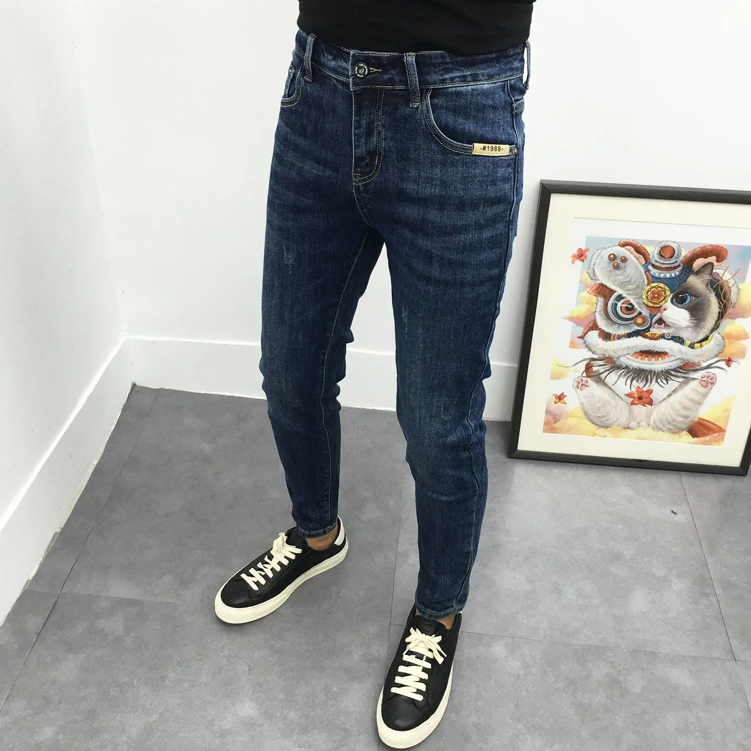 مصمم الجينز للرجال العلامة التجارية الفاخرة أنيق 2025 جديد ربيع الخريف الرجال موضة سليم الأزرق ملابس الشارع الشهير الجينز سروال شكل قلم رصاص #2