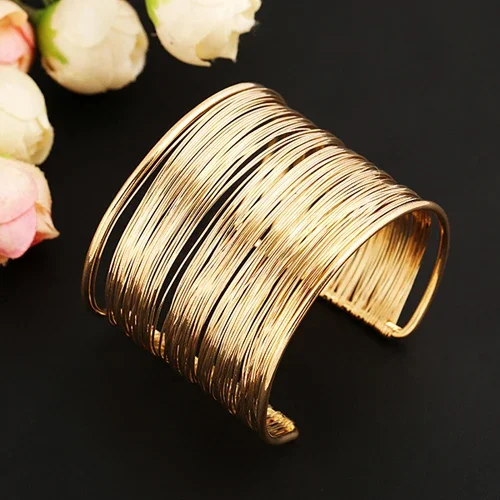 Браслет Fashion Women\'s Multilayer Metal Wires Strings Open Bangle Wide Cuff Bracelet Statement Jewelry Indian Bangles Luxury