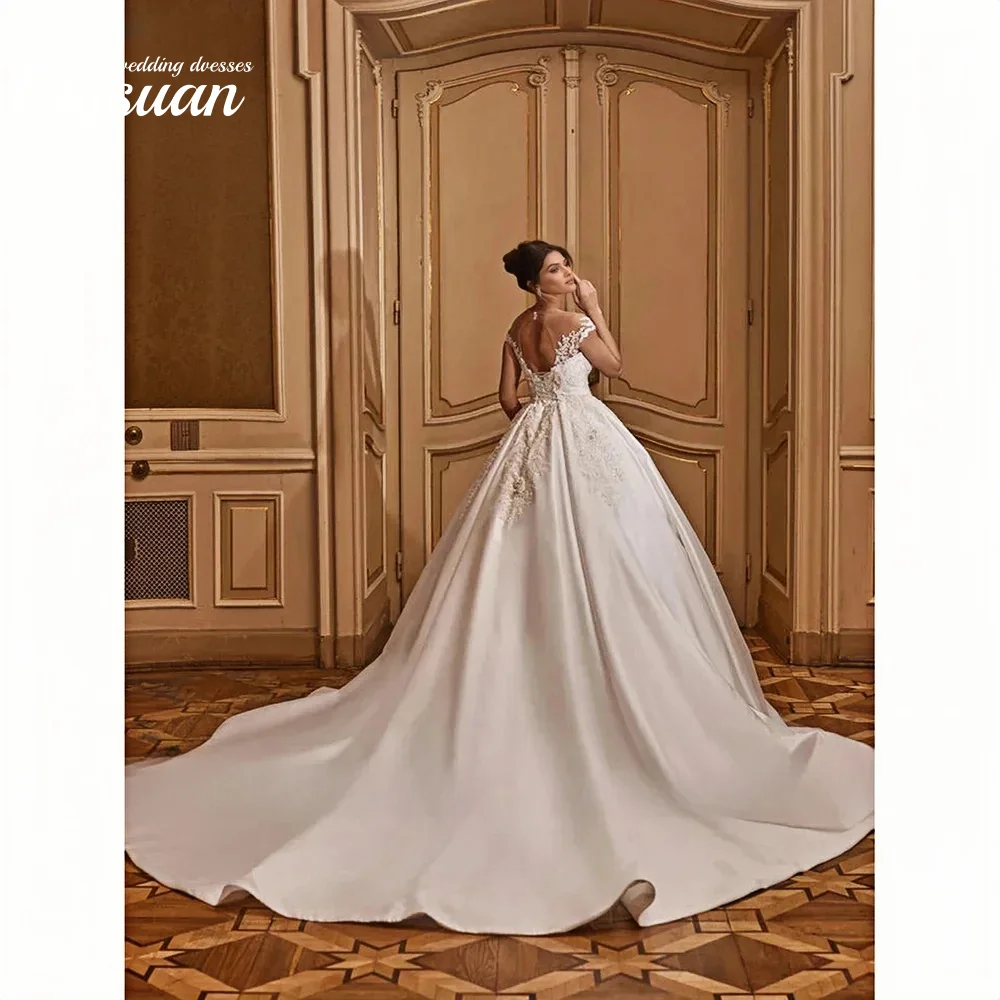 

Customized Ball Gown Wedding Dress O-Neck Cap Sleeve Lace Crystal Applique Satin Made Bridal Gown Vestidos De Novia