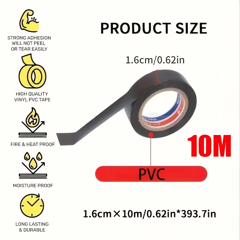 10M Black Flame Retardant Electrical Insulation Tape Strong Adhesive Wire Harness Tape for Electrical Wiring Waterproof Tape