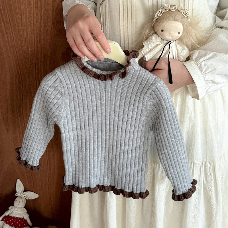 الفتيات سترة طويلة الأكمام الخريف الشتاء جديد نصف الياقة المدورة الدانتيل قاعدة ملابس داخلية البلوز Kawaii ملابس الأطفال