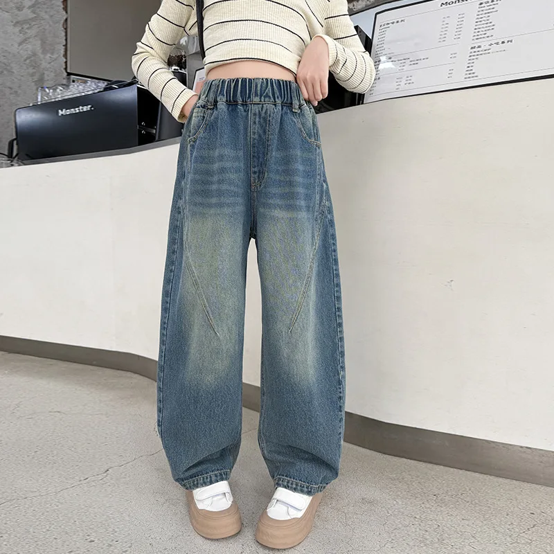 

Junior Girls Denim Pant Autumn Korean School Girls New Contrast Color Harem Jean Children Girls Loose Elastic Waist Trousers